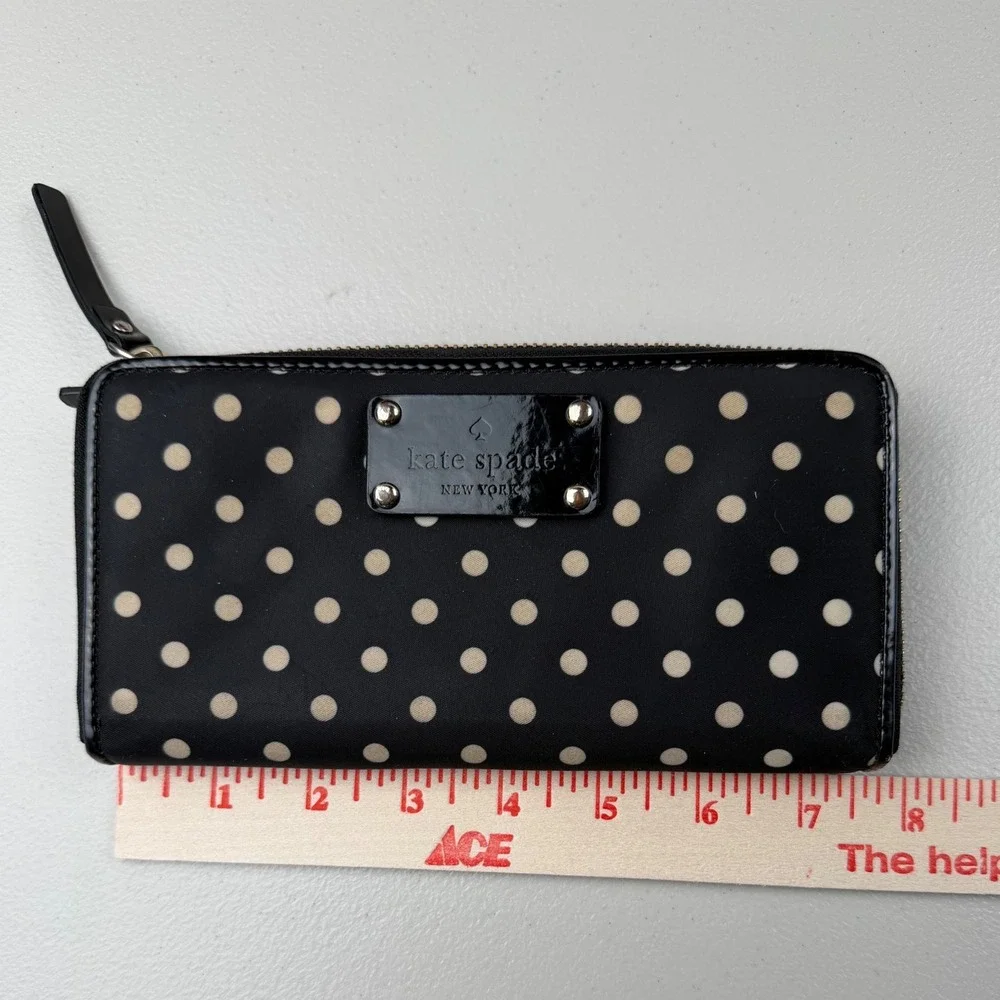 Kate Spade New York Black Polka Dot Nylon Zip‎ Around Wallet Long Organizer